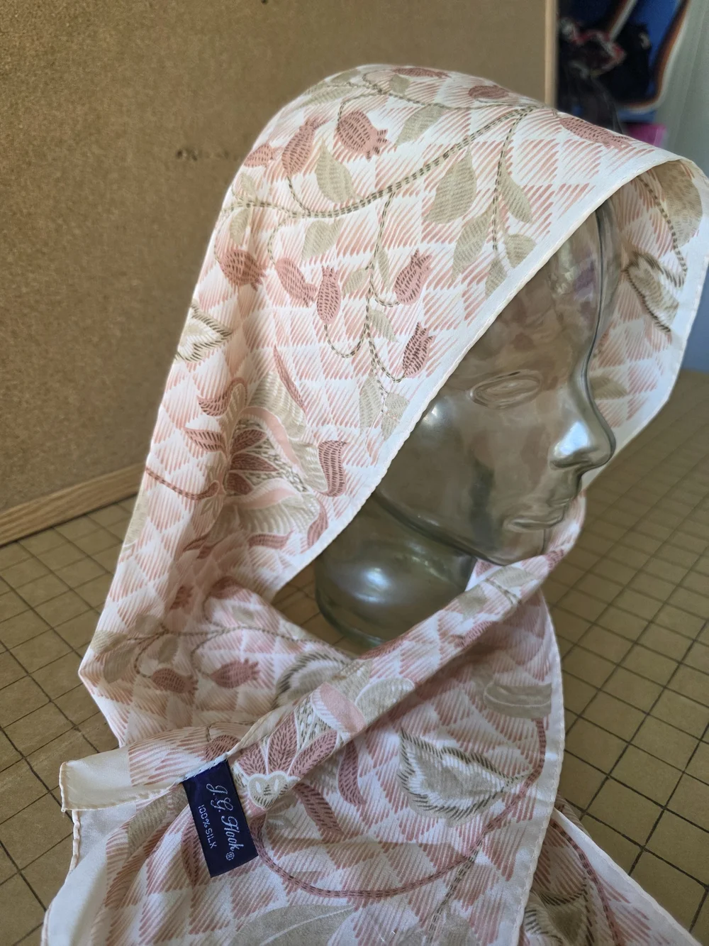 Vintage J.G. Hook 100% Silk Scarf Pink Floral Lattice Jacquard Oblong Wrap 11x51